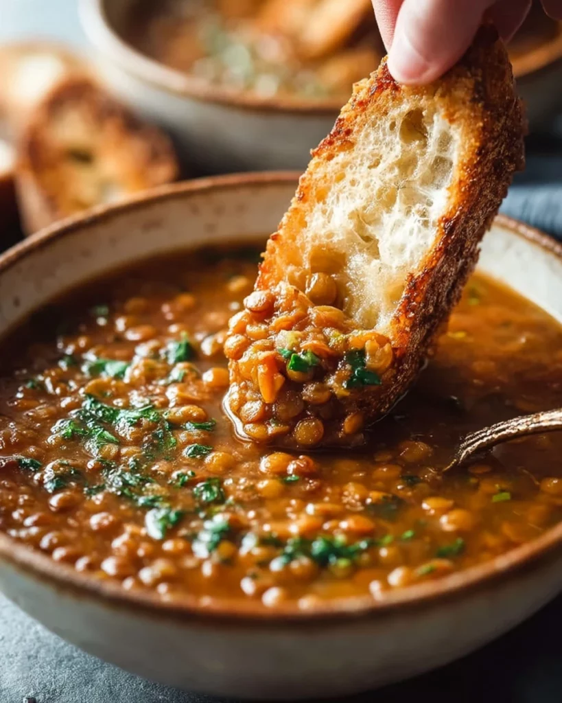 Bowl of hearty lentil soup garnished with fresh herbs