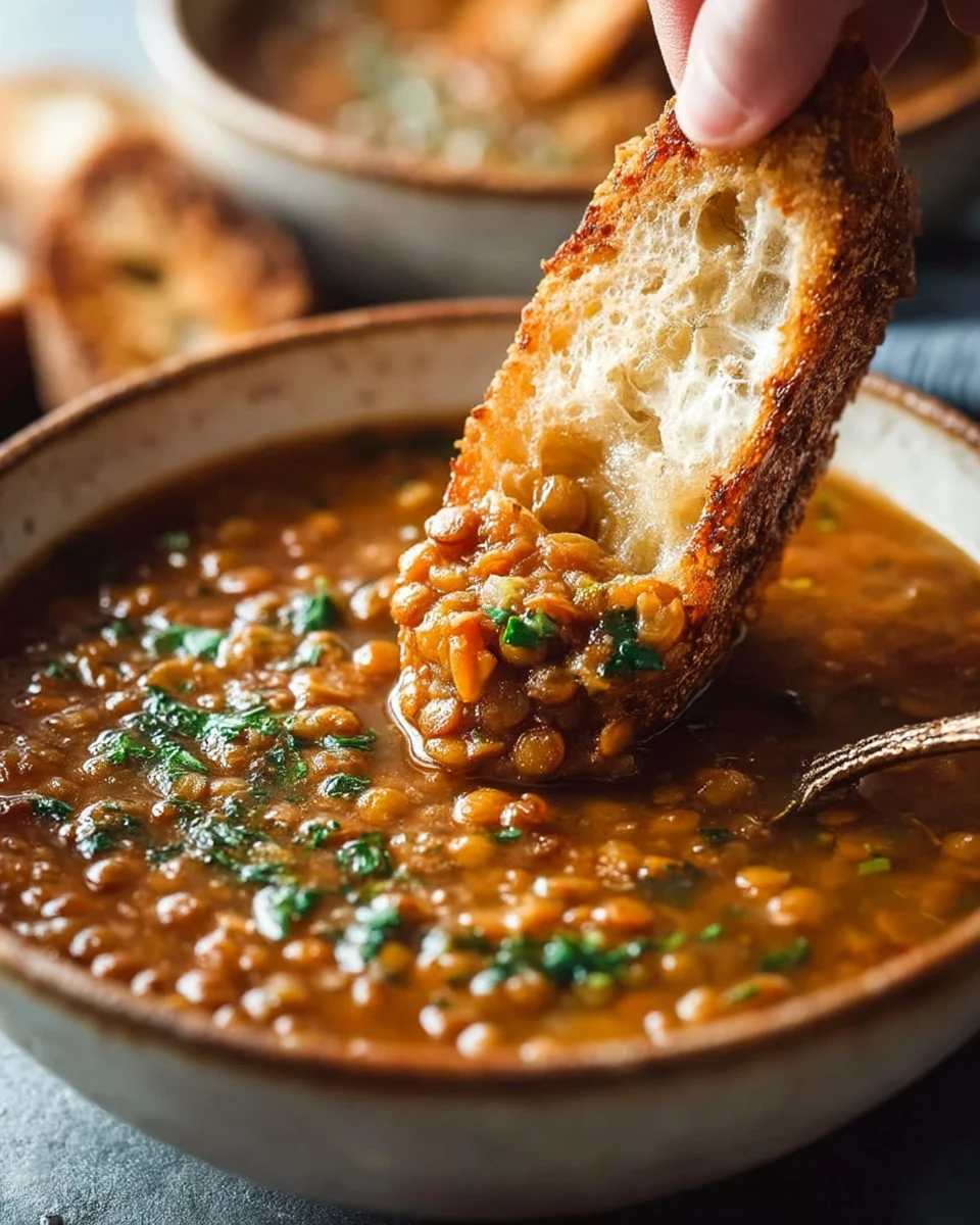Bowl of hearty lentil soup garnished with fresh herbs