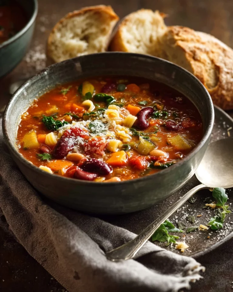 Bowl of hearty minestrone soup filled with vegetables and beans