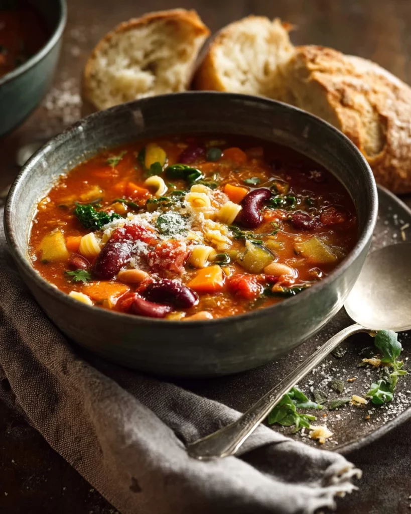 Bowl of hearty minestrone soup filled with vegetables and beans