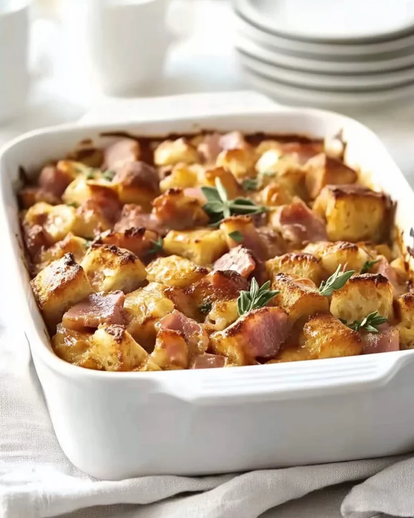 Hearty sausage and bacon country breakfast casserole served on a plate