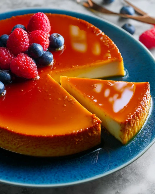 Delicious homemade Heavenly Flan dessert served in a glass dish.
