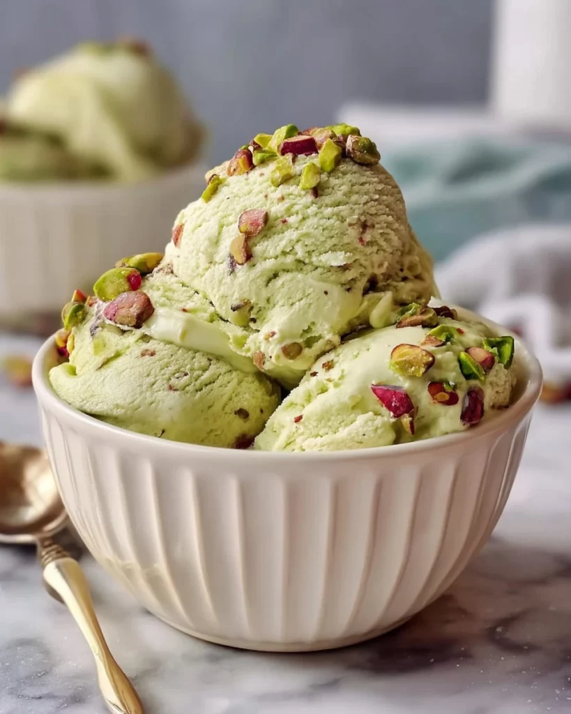 Delicious high-protein pistachio ice cream in a bowl with toppings.