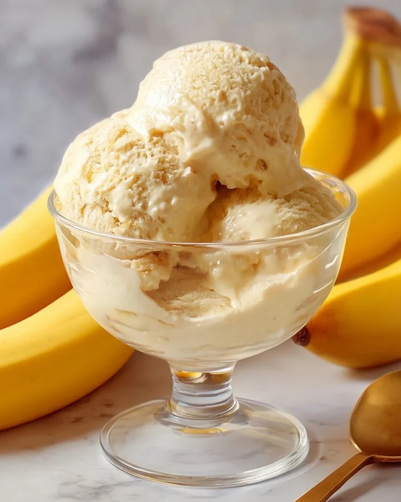 A bowl of homemade banana caramel ice cream topped with caramel sauce and banana slices