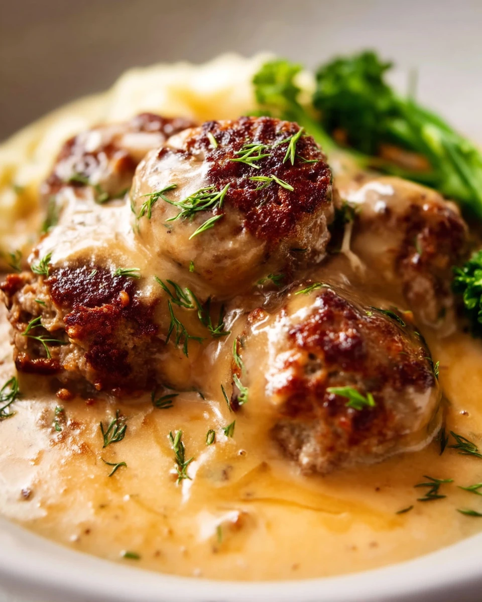 Plate of homemade Swedish meatballs with gravy and lingonberry sauce