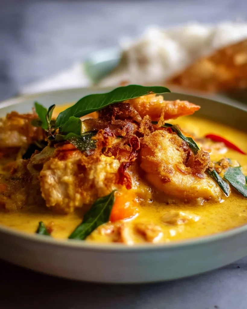 Bowl of homemade Thai yellow curry made from scratch with vibrant ingredients.
