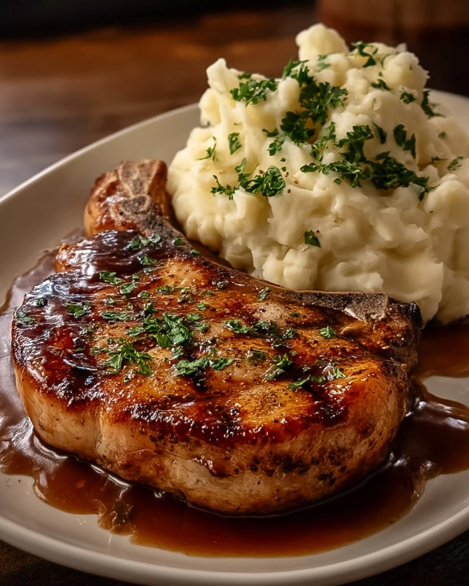 Honey Garlic Pork Chops with creamy mashed potatoes on a plate