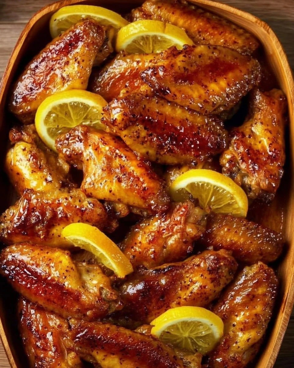 Plate of sticky Honey Lemon Chicken Wings garnished with green onions.