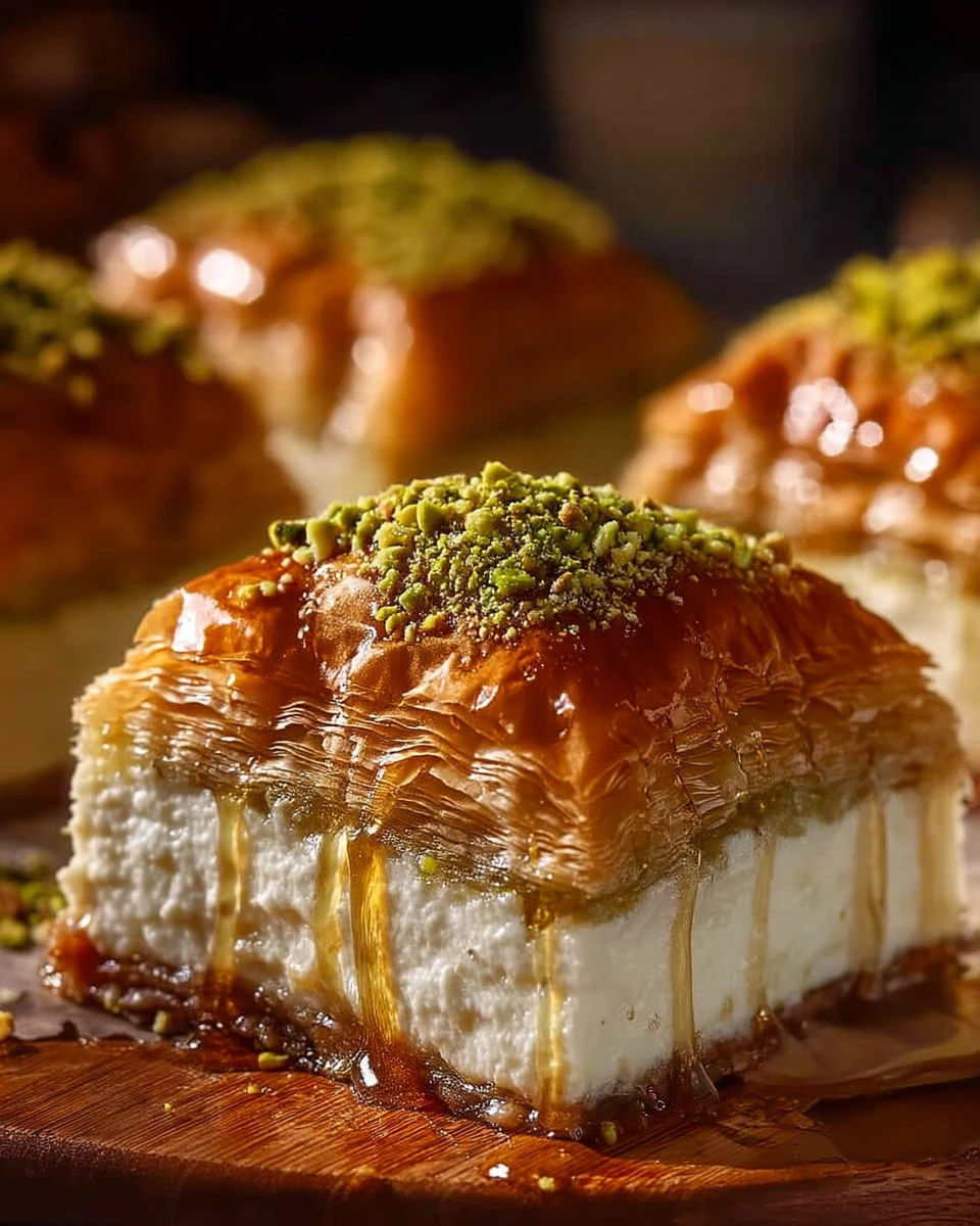Honey Pistachio Baklava Cheesecake topped with honey and pistachios