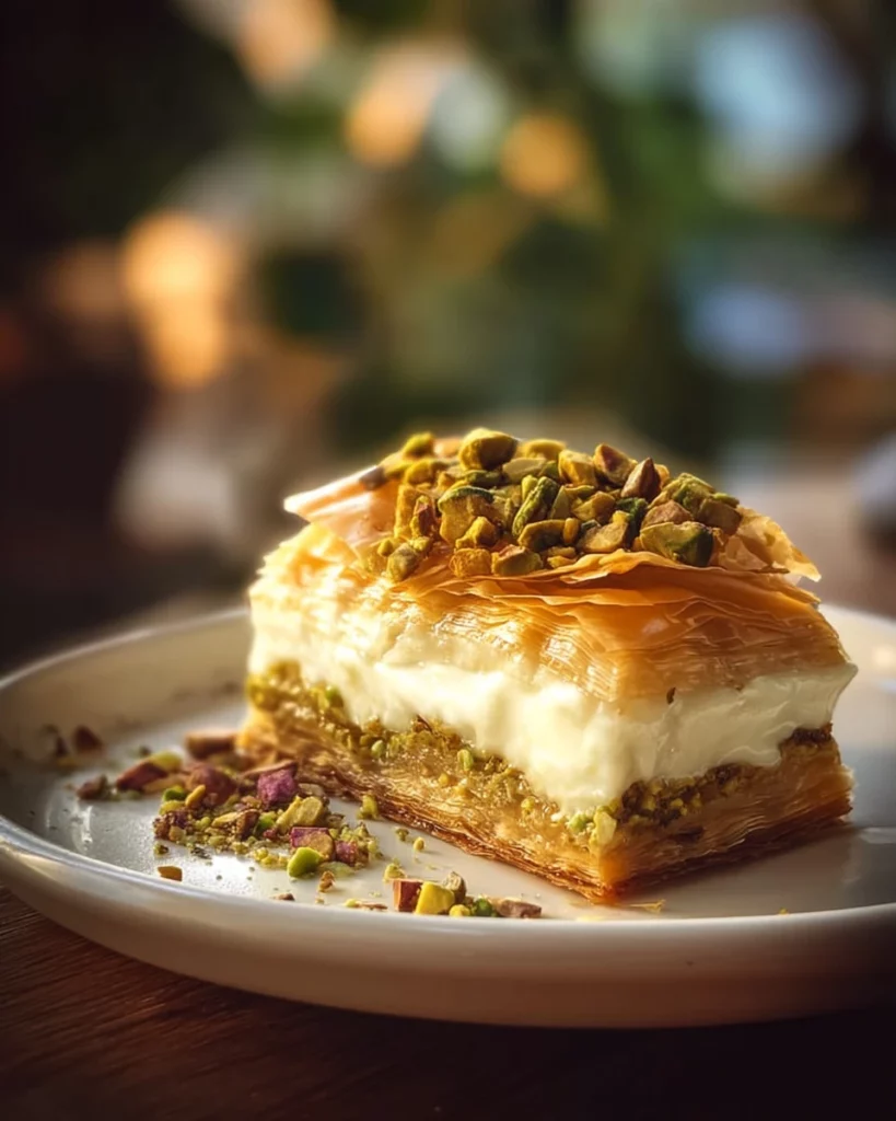 Honey Pistachio Baklava Cheesecake topped with nuts and honey drizzle