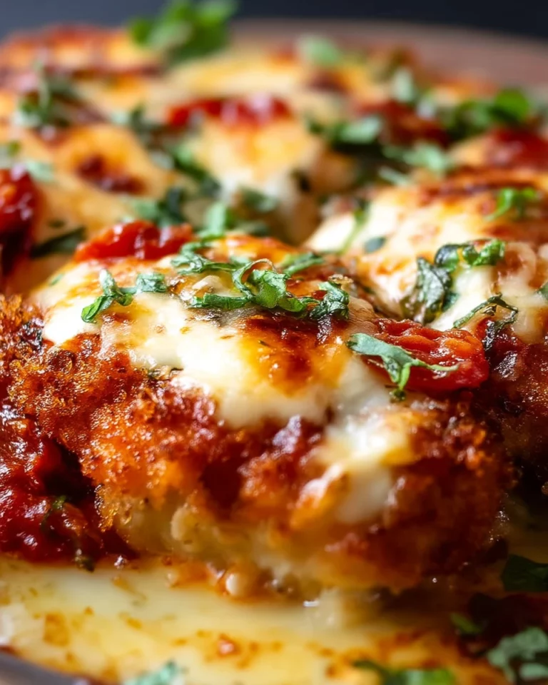 Delicious homemade Chicken Parmigiana topped with melted cheese and marinara sauce
