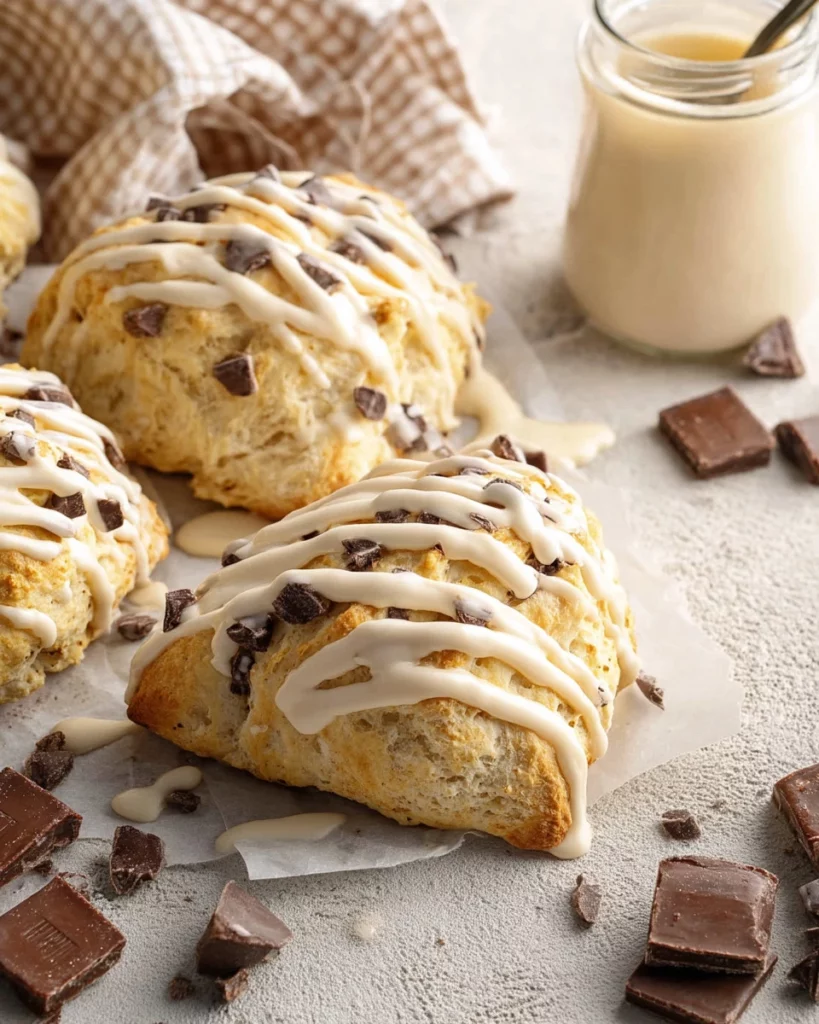 Freshly baked chocolate chip sourdough scones on a wooden table.