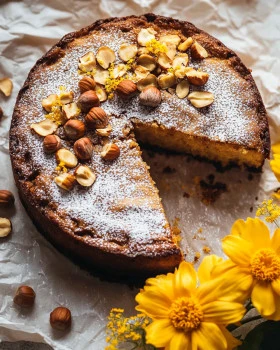 Irresistible hazelnut olive oil cake with a tempting slice on a plate