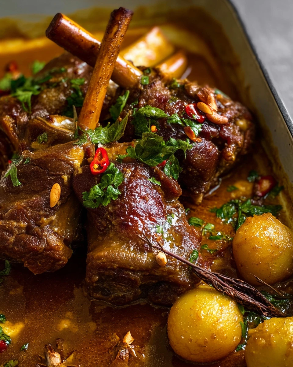 Delicious lamb shanks in Massaman curry sauce, garnished and ready to serve.