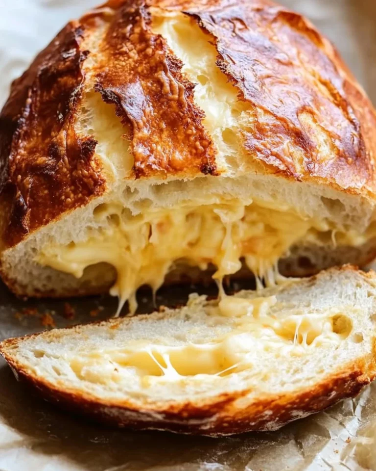 Delicious no-knead cheese bread fresh out of the oven, cheese bubbling and golden.