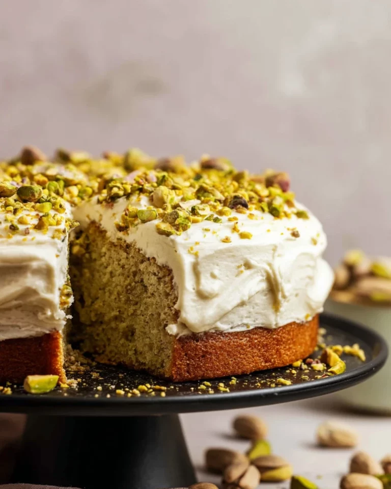 Delicious homemade pistachio cake topped with nuts and frosting