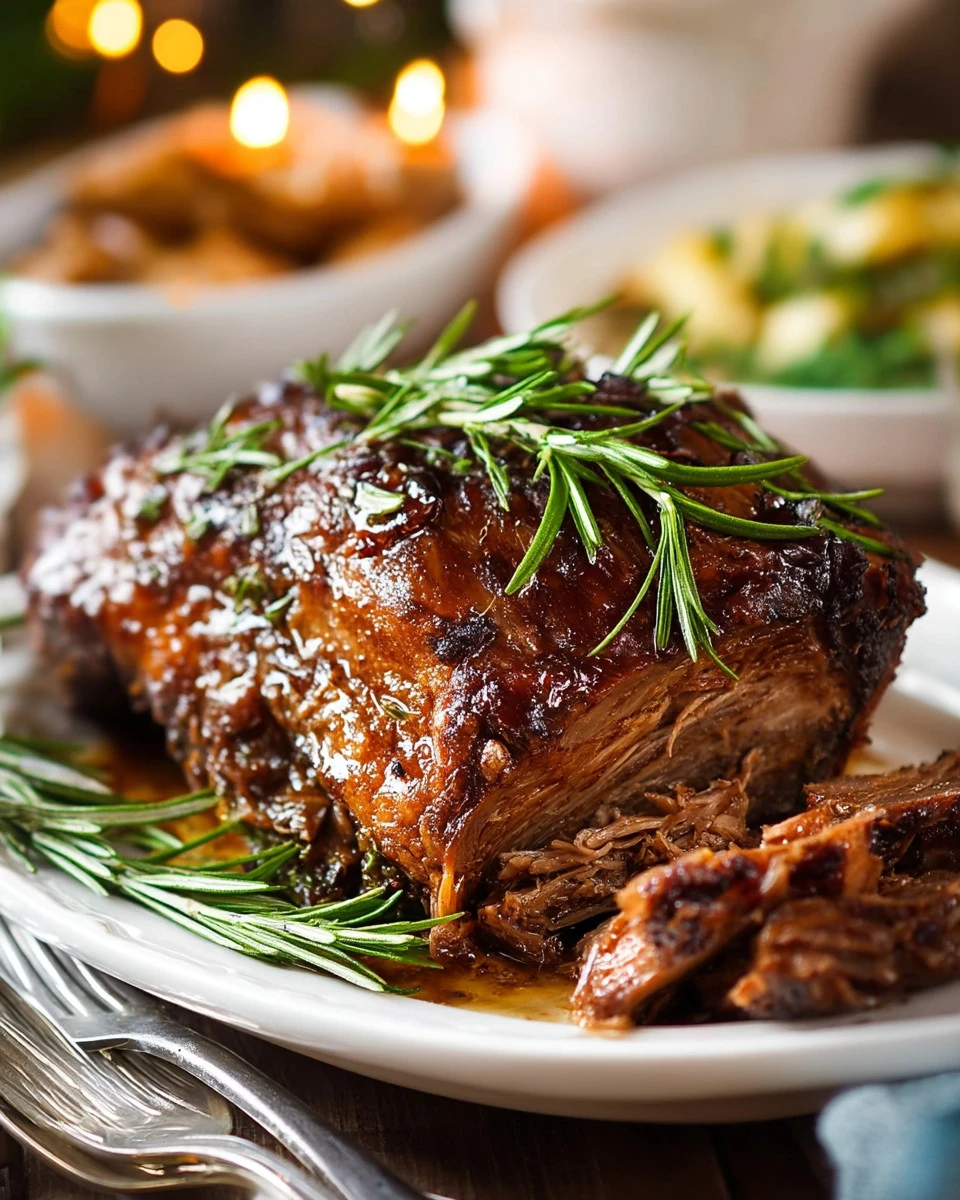 Irresistible slow roast leg of lamb served on a platter with herbs and vegetables.