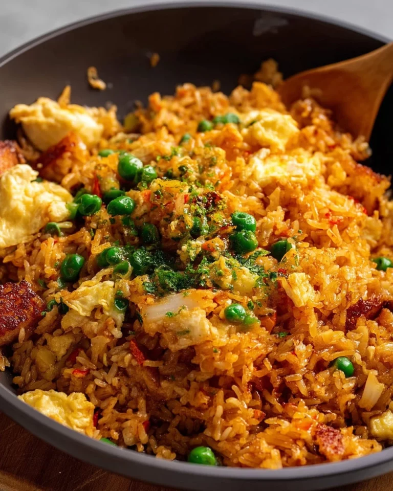 Irresistible red Vietnamese fried rice with vibrant colors and rich flavors.