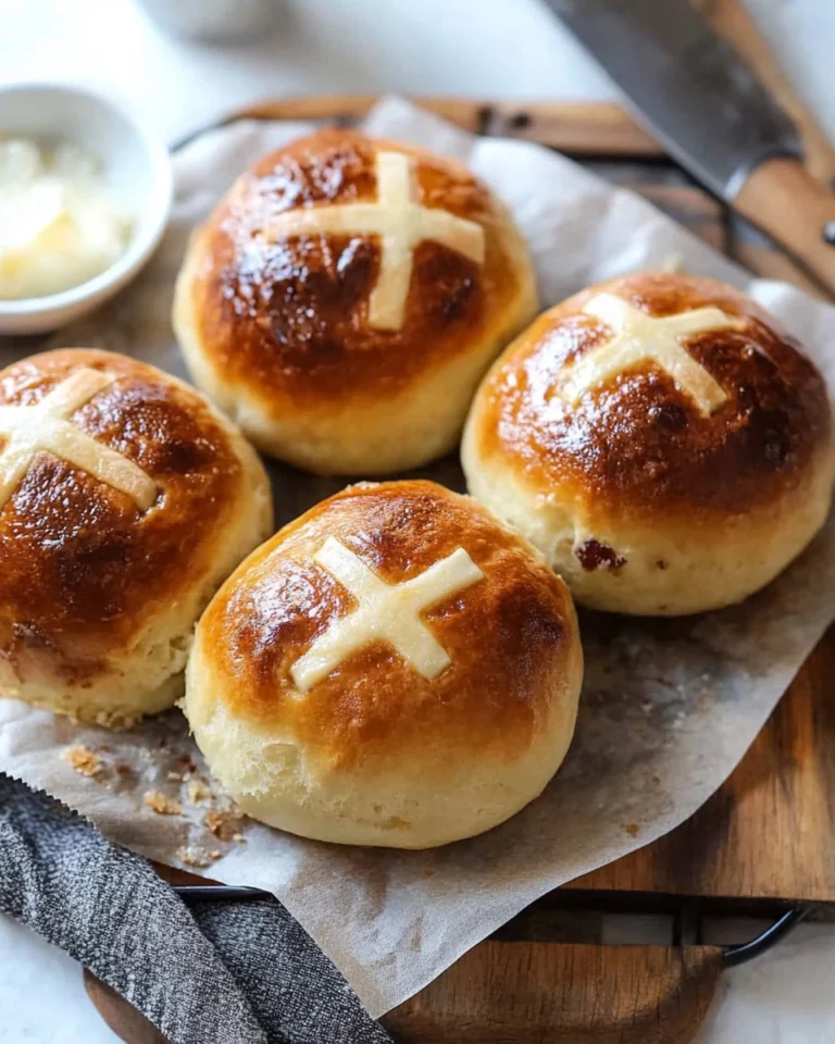 Freshly baked irresistibly soft hot cross buns on a cooling rack.