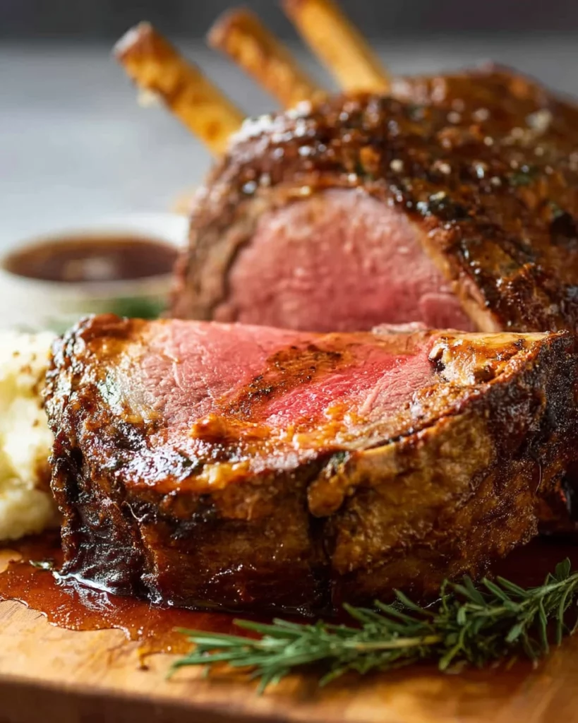 Juicy beef standing rib roast on a platter ready to serve for special occasions