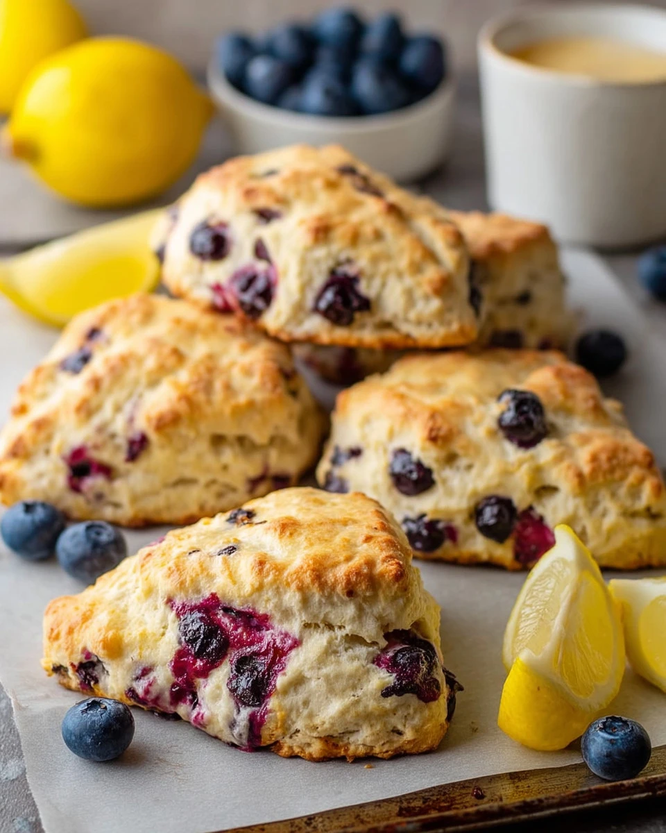 Lemon blueberry yogurt scones freshly baked on a cooling rack