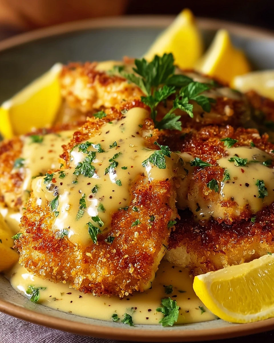 Lemon Pecorino Crusted Chicken served with creamy lemon sauce