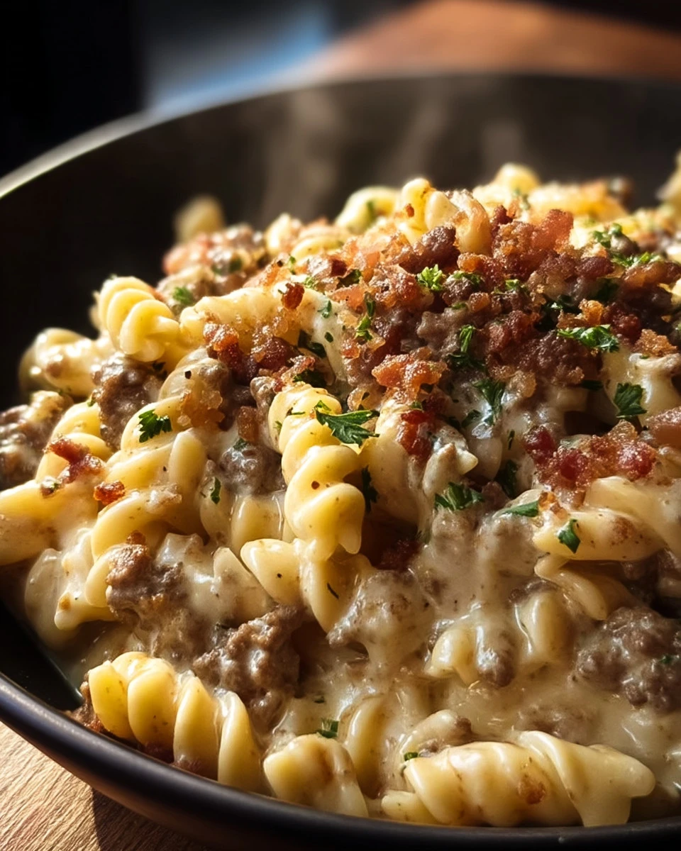 Loaded Bacon Cheeseburger Alfredo Pasta topped with crispy bacon and melted cheese