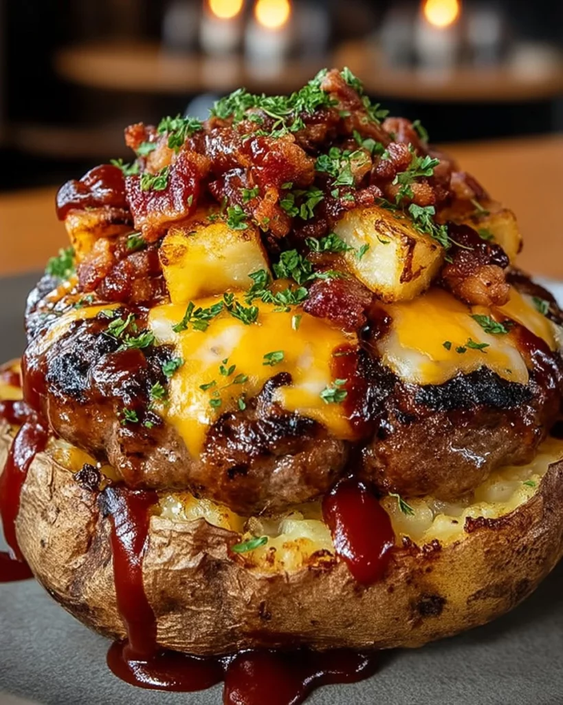 Loaded BBQ Bacon Cheeseburger Potato Volcanos stacked high with toppings.