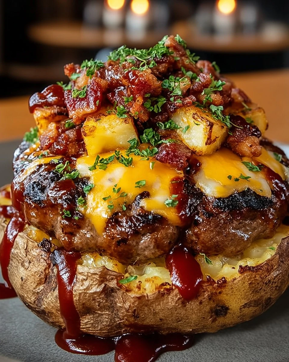 Loaded BBQ Bacon Cheeseburger Potato Volcanos stacked high with toppings.