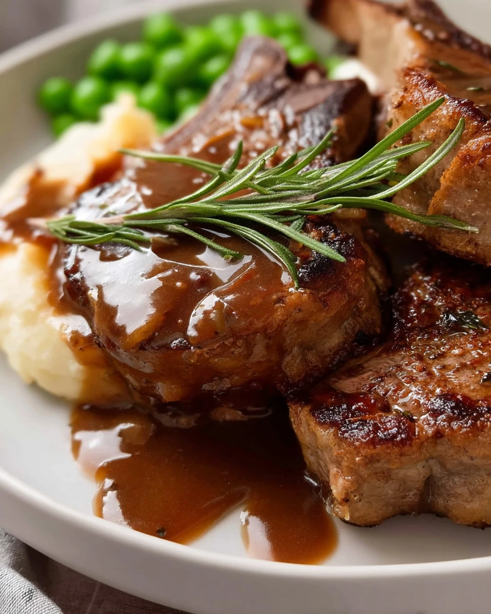 Deliciously cooked lamb chops with rosemary gravy on a white plate