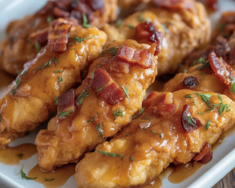 Maple Glazed Chicken with Crispy Bacon served on a plate, garnished beautifully.