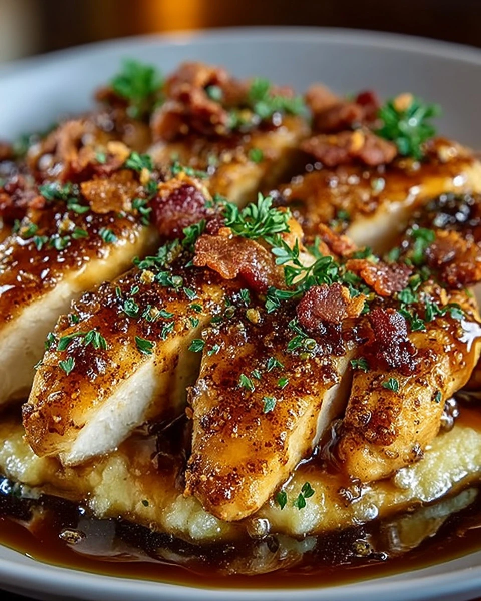 Maple glazed chicken topped with crispy bacon served on a plate