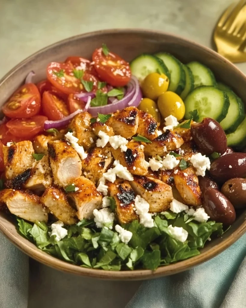 Mediterranean Crispy Rice Chicken Bowl with grilled chicken and vegetables
