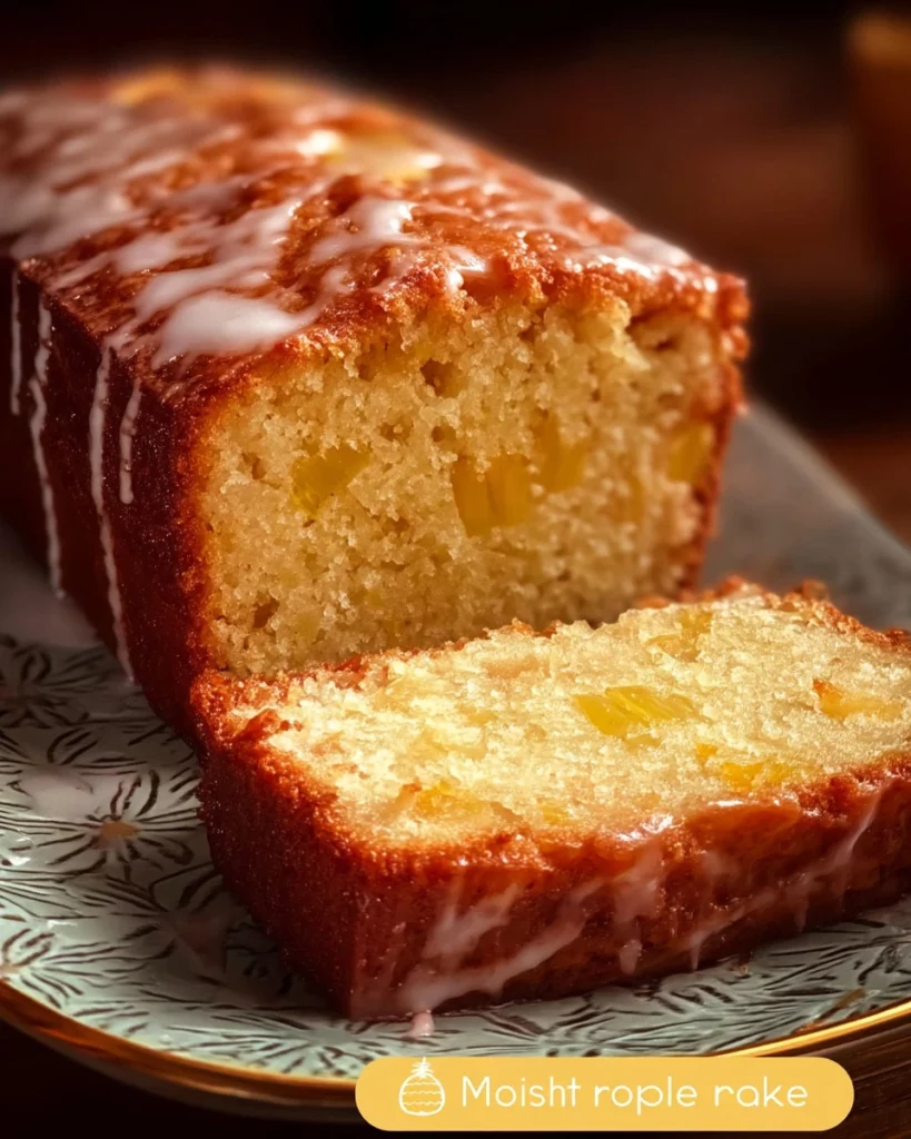 Moist and rich pineapple cake served on a decorative plate