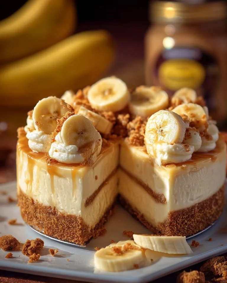 Slice of New York Style Banana Pudding Cheesecake on a plate