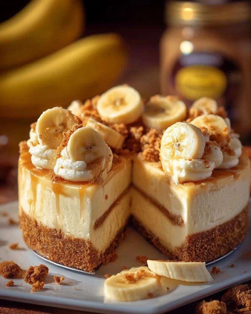 Slice of New York Style Banana Pudding Cheesecake on a plate