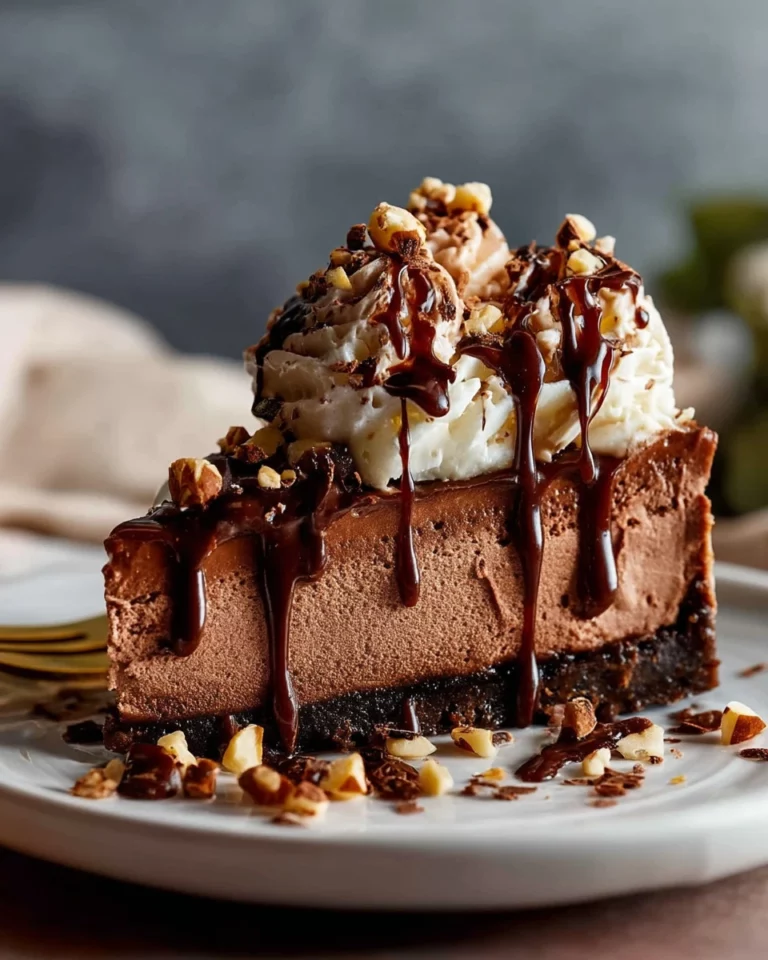 Delicious no-bake Nutella cheesecake topped with chocolate and hazelnuts.