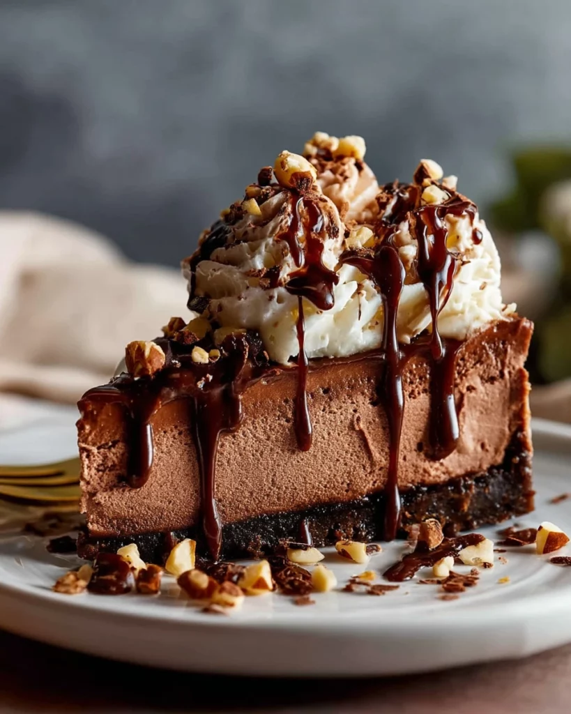 Delicious no-bake Nutella cheesecake topped with chocolate and hazelnuts.
