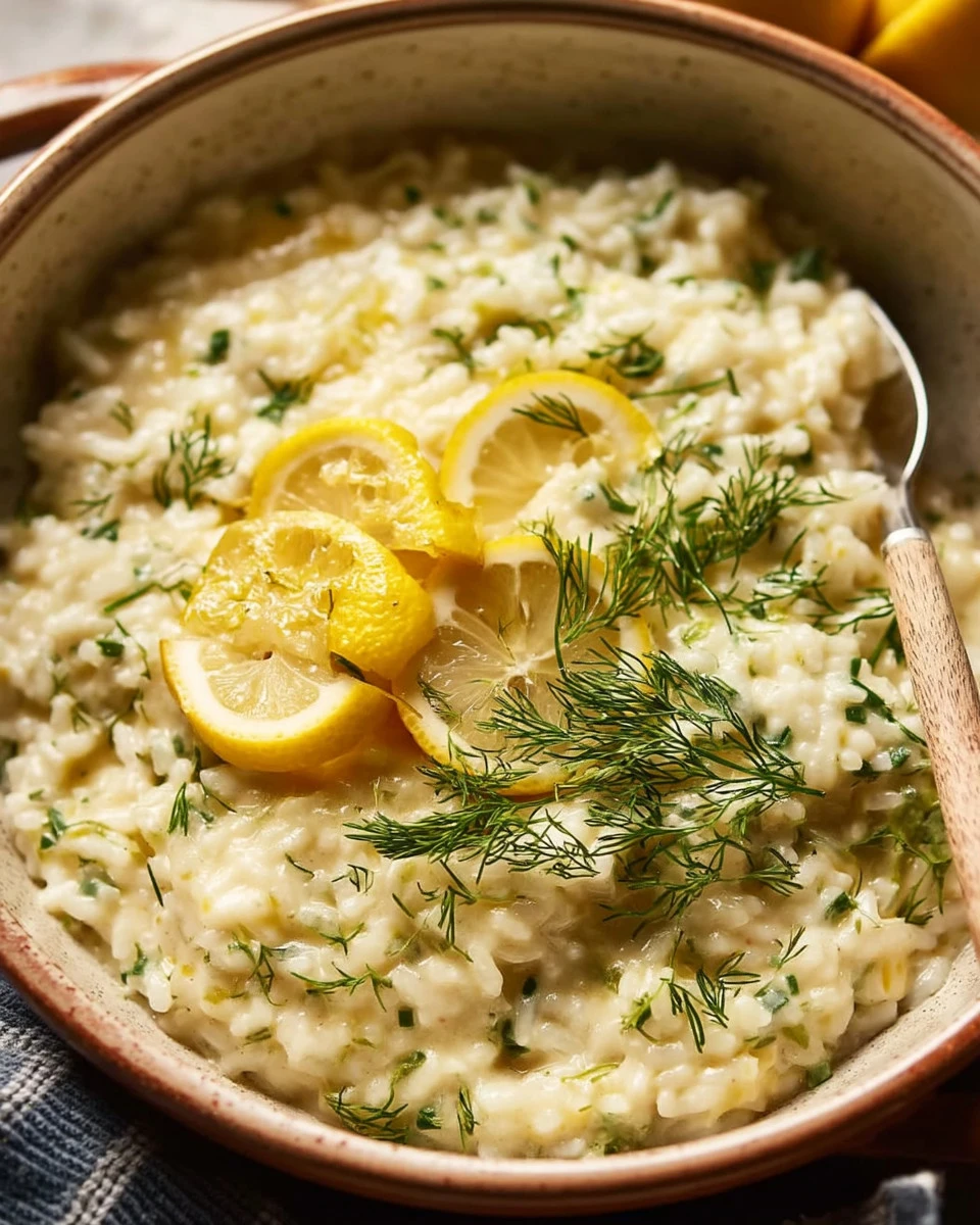 No-stir creamy lemon herb risotto in a bowl garnished with fresh herbs