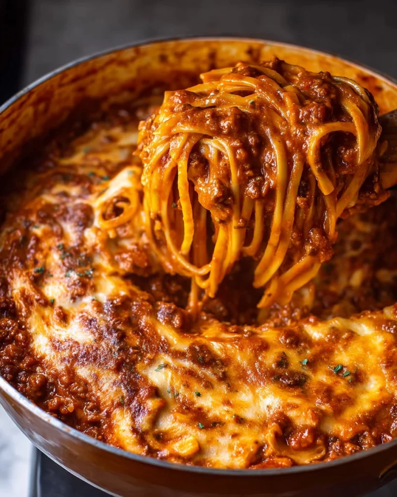 A delicious bowl of One Pot Pasta Bolognese topped with fresh herbs.