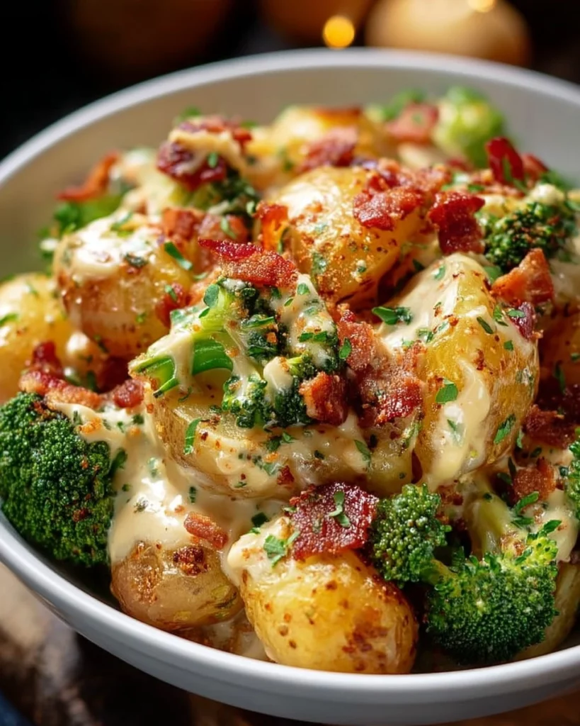 One pot skillet chicken with broccoli, potatoes, bacon, and ranch Alfredo sauce