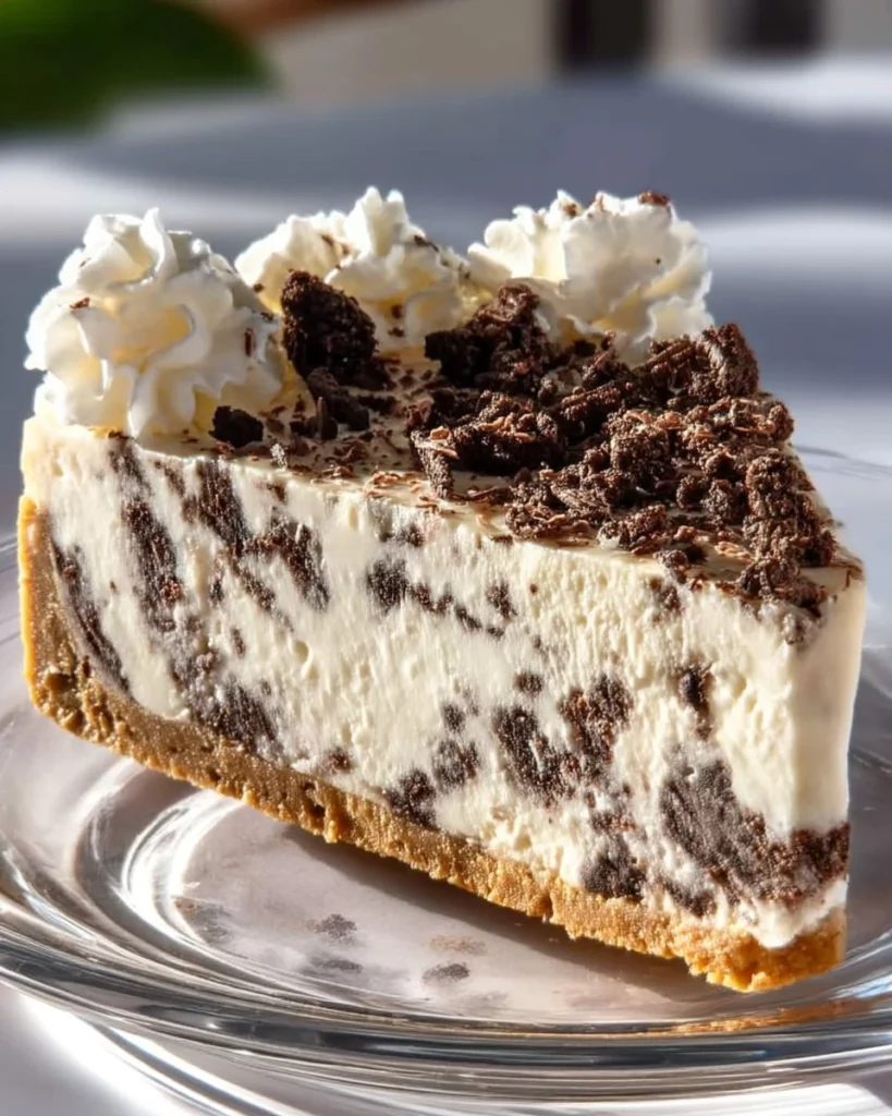 Delicious slice of Oreo cheesecake topped with crushed cookies.