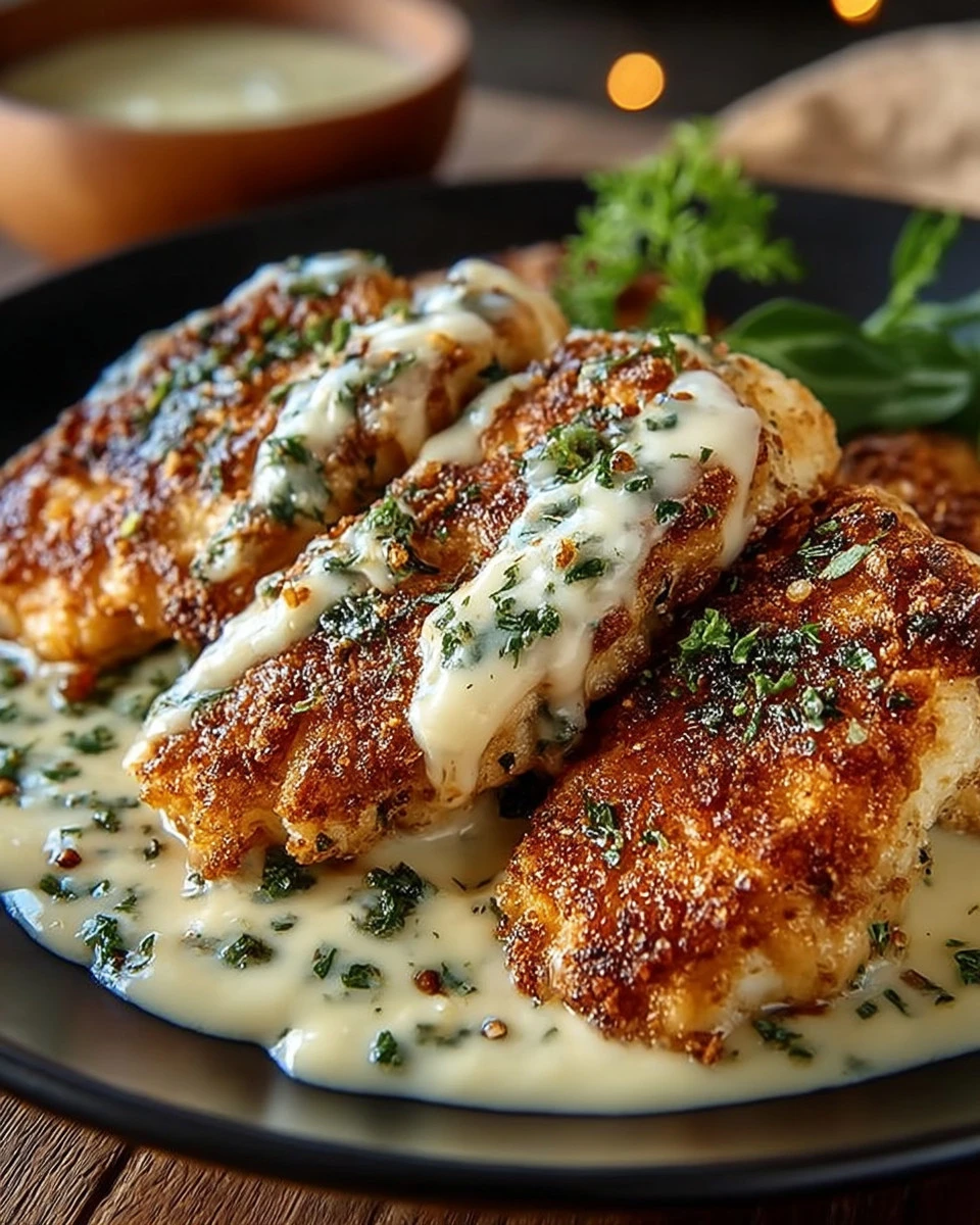 Parmesan Crusted Chicken served with creamy garlic sauce