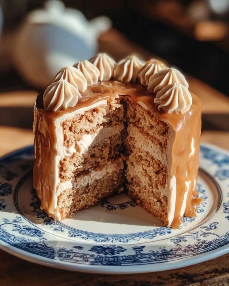 Peanut Butter Cake with Honey Frosting served on a elegant plate