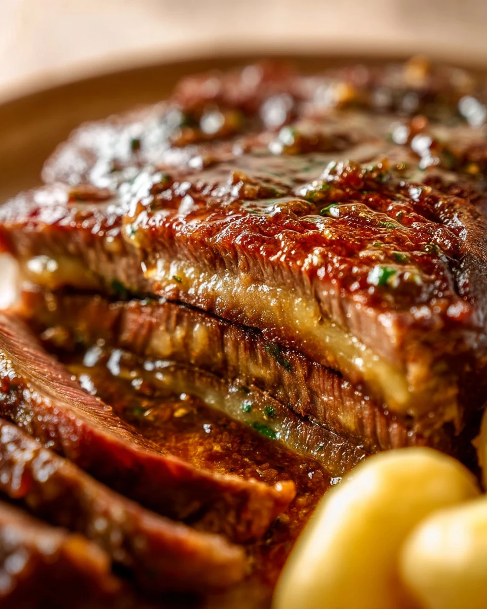 Juicy marinated beef steak on a plate garnished with herbs