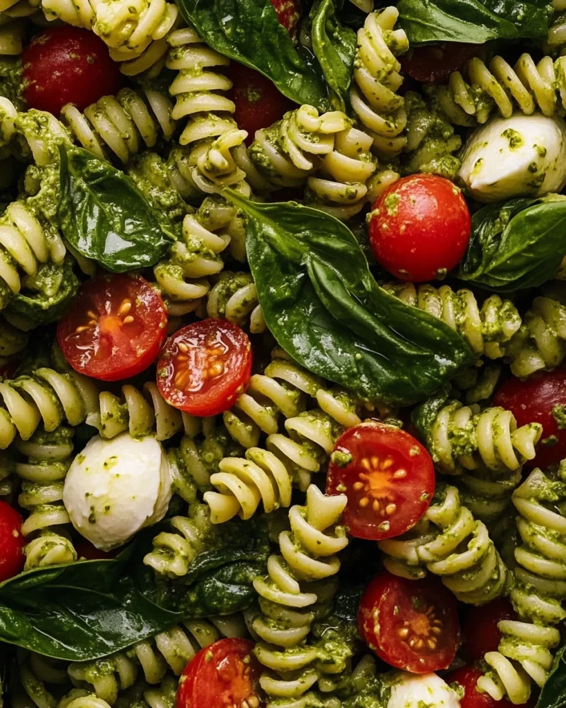 Colorful pesto pasta salad with cherry tomatoes and basil in a bowl