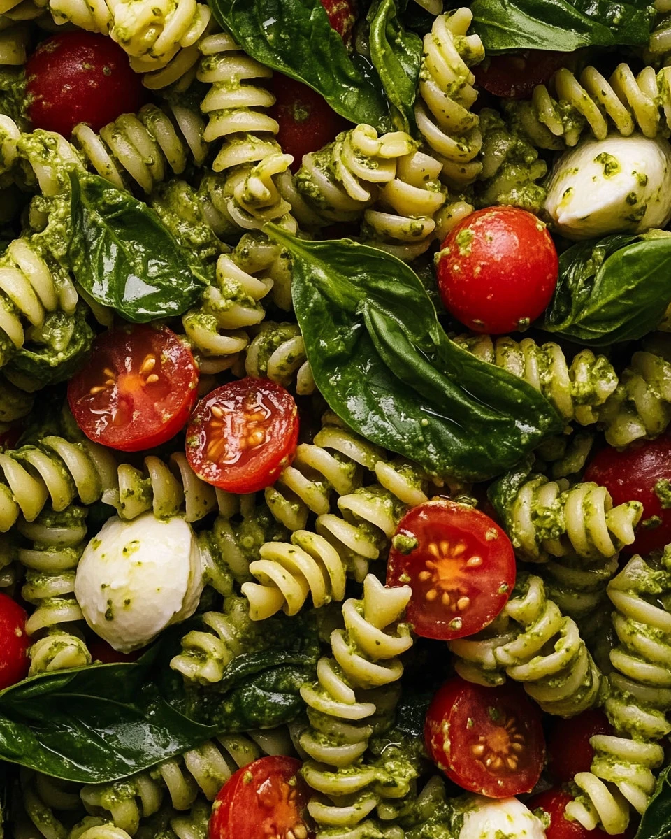 Colorful pesto pasta salad with cherry tomatoes and basil in a bowl