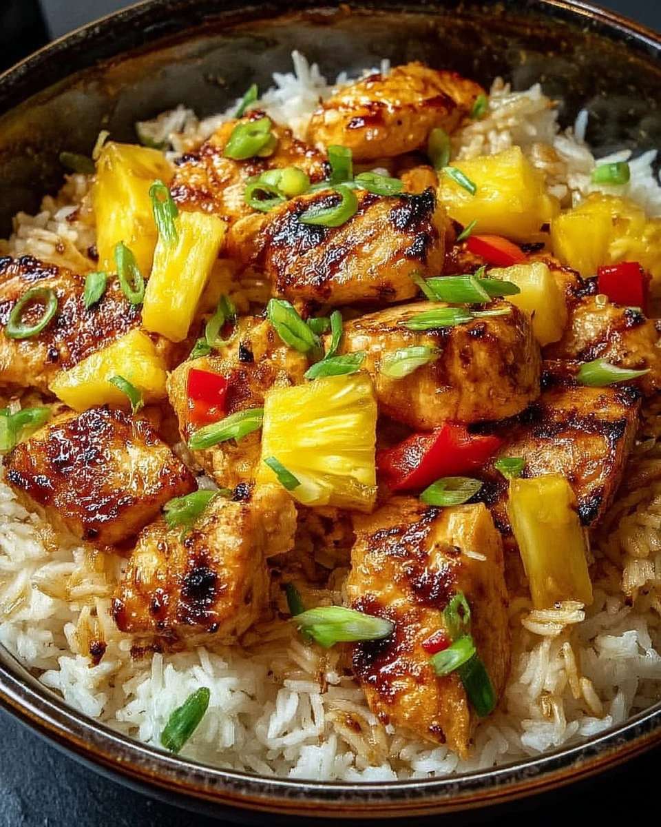 Delicious Pineapple Chicken served with rice on a plate