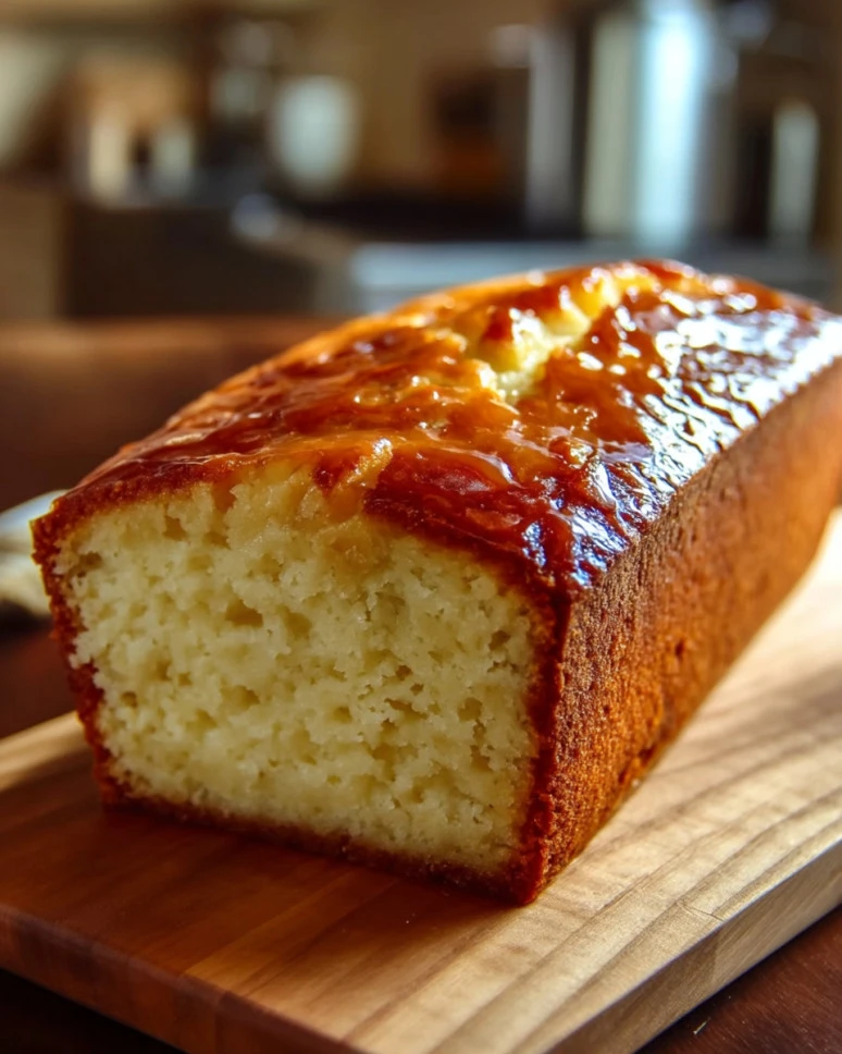 Loaf of freshly baked pineapple quick bread with slices