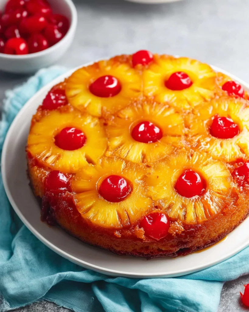 Delicious Pineapple Upside Down Cake topped with caramelized pineapples and cherries
